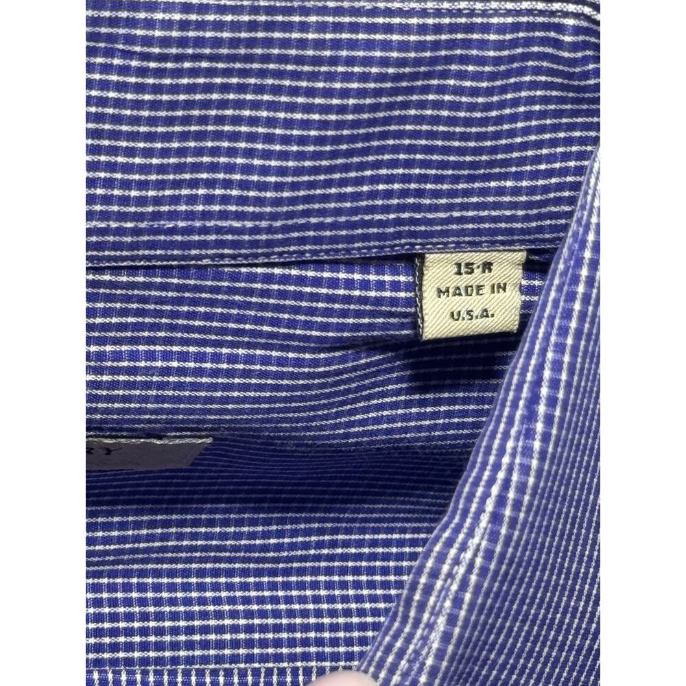 Burberry London Button-Up Dress Shirt Men's 15 Blue White Micro-Check Curved Hem - Picture 10 of 14